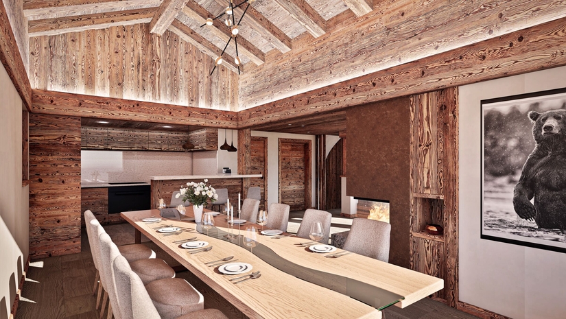 Vue intérieure salle à manger et cuisine ouverte – Chalet Chaperon Rouge à vendre - Verbier