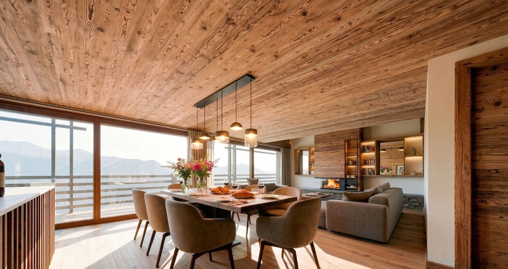 Cuisine ouverte et salle à manger avec vue sur les Alpes – Appartement Gentianes Duplex Combles - Verbier