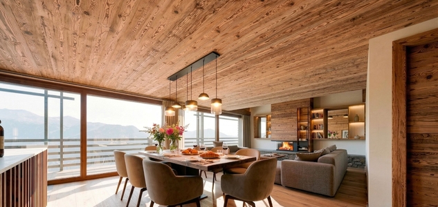 Cuisine ouverte et salle à manger avec vue sur les Alpes – Appartement Gentianes Duplex Combles - Verbier