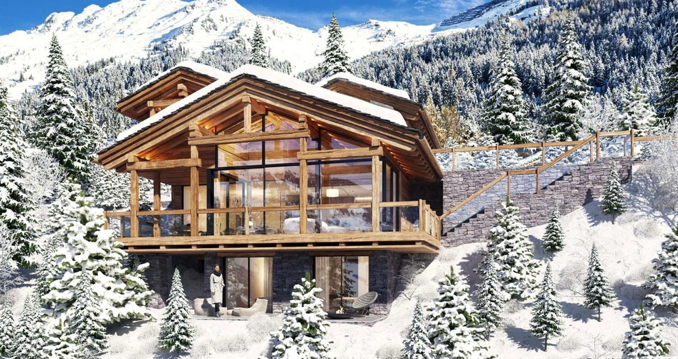 Vue extérieure du chalet en hiver – Chalet à vendre Cocoon - Verbier