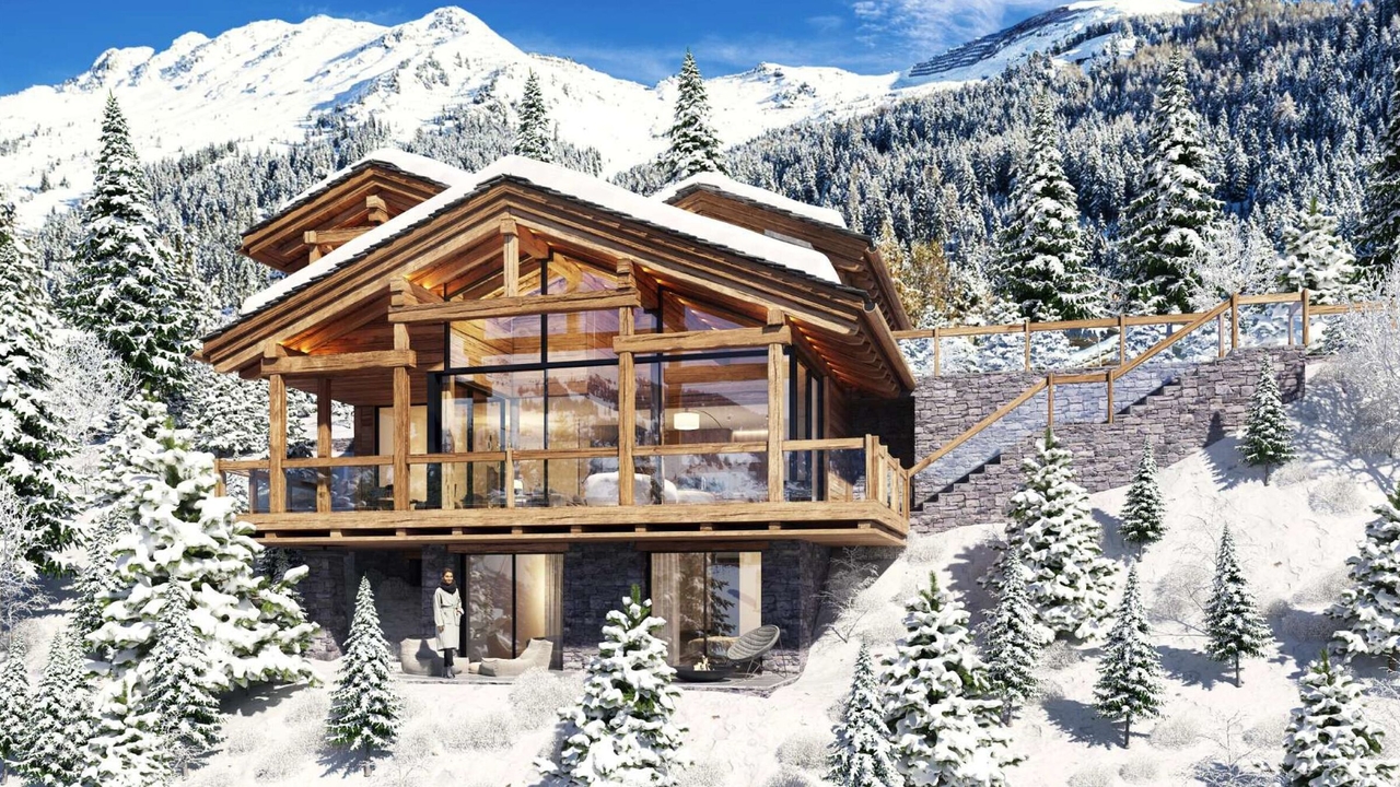 Vue extérieure du chalet en hiver – Chalet à vendre Cocoon - Verbier