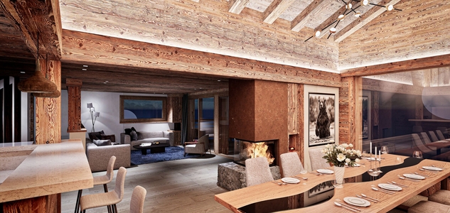 Vue intérieure salle à manger avec cheminée – Chalet Chaperon Rouge à vendre - Verbier