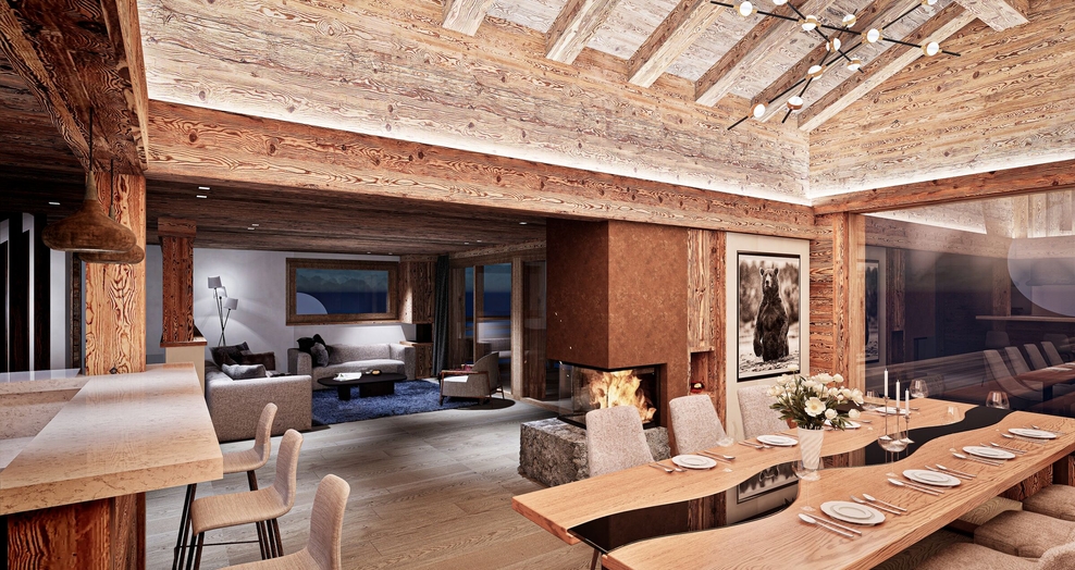 Vue intérieure salle à manger avec cheminée – Chalet Chaperon Rouge à vendre - Verbier