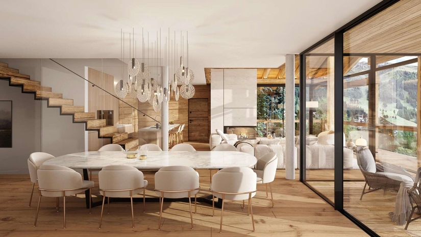Vue intérieure salle à manger et séjour – Chalet à vendre Cocoon - Verbier