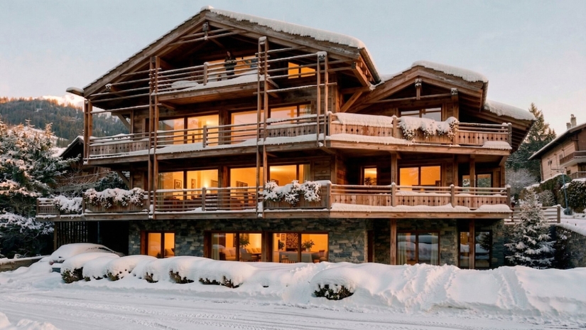 Façade extérieure enneigée au crépuscule – Appartement Gentianes Duplex Combles - Verbier