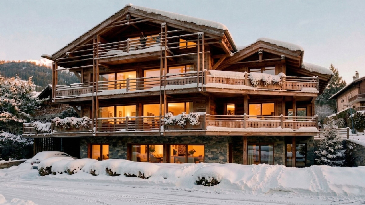 Façade extérieure enneigée au crépuscule – Appartement Gentianes Duplex Combles - Verbier