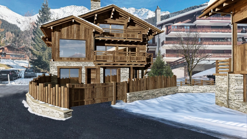 Vue extérieure chalet alpin et montagnes enneigées – Chalet Chaperon Rouge à vendre - Verbier