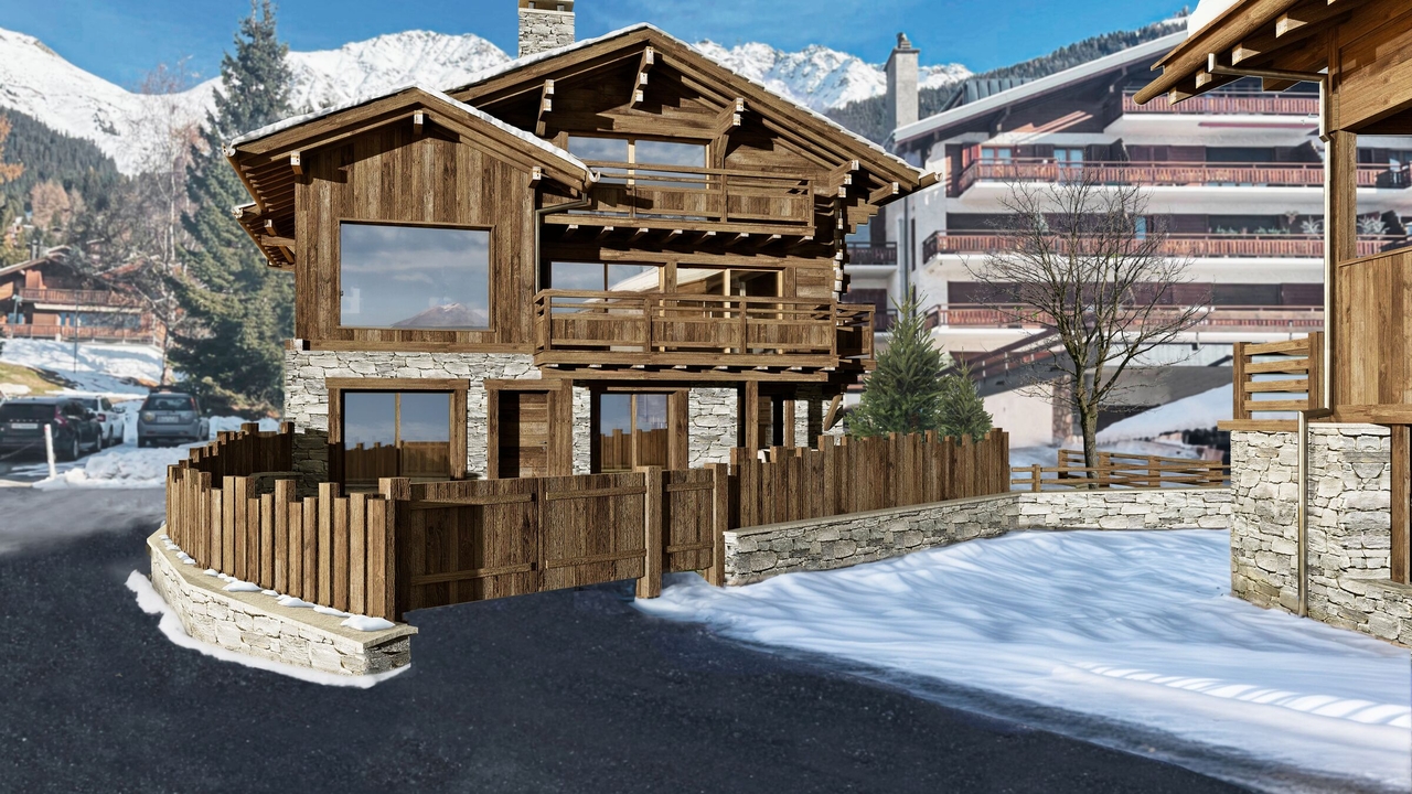 Vue extérieure chalet alpin et montagnes enneigées – Chalet Chaperon Rouge à vendre - Verbier