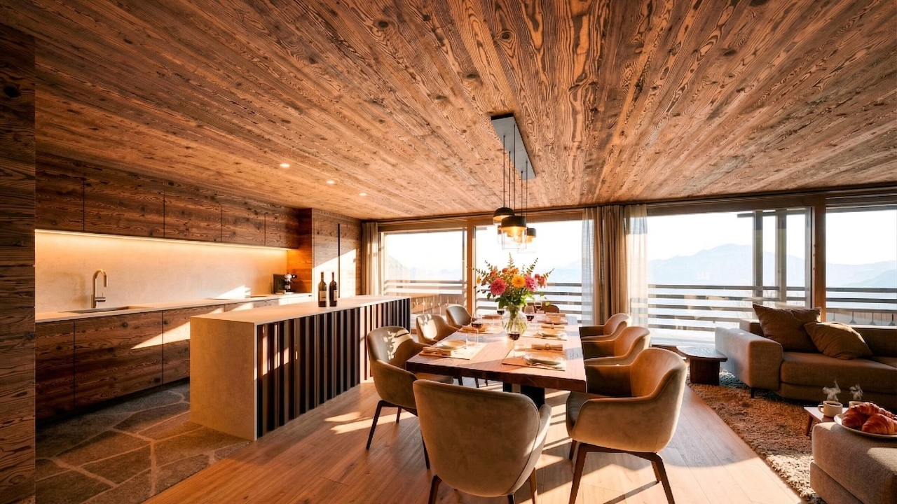 Cuisine ouverte et salle à manger avec vue sur les Alpes – Appartement Gentianes Duplex Combles - Verbier