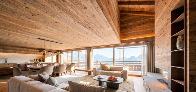 Séjour avec vue panoramique alpine – Appartement Gentianes Duplex Combles - Verbier