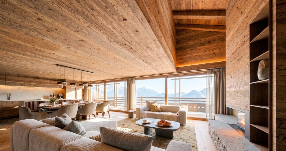 Séjour avec vue panoramique alpine – Appartement Gentianes Duplex Combles - Verbier