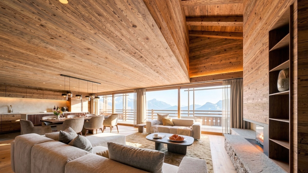 Séjour avec vue panoramique alpine – Appartement Gentianes Duplex Combles - Verbier