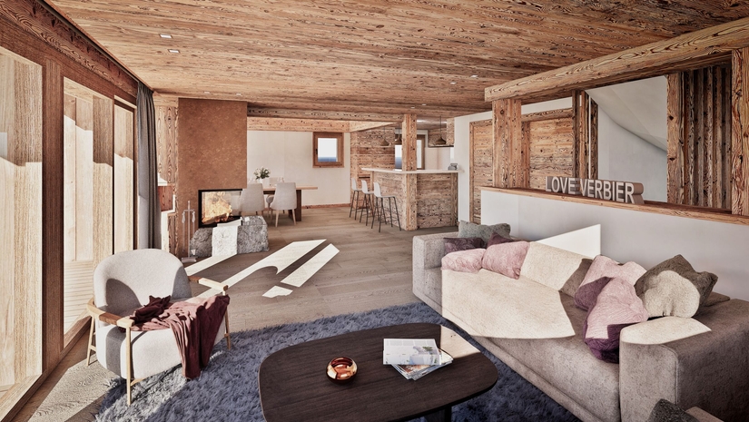 Vue intérieure salon chaleureux avec cheminée – Chalet Chaperon Rouge à vendre - Verbier